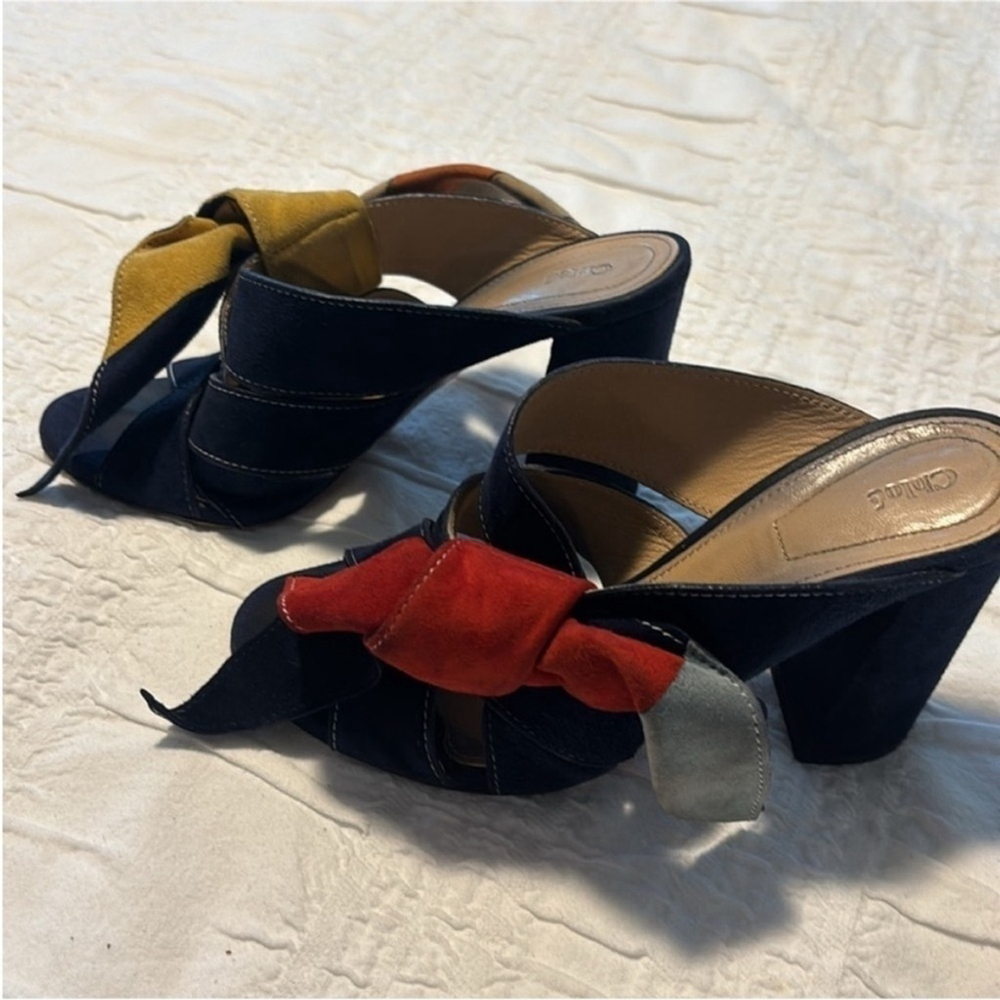 Chloé Nellie Suede Sandals Slip On Block Heel Knot Detail Navy Blue Women's US 5 - Picture 5 of 13